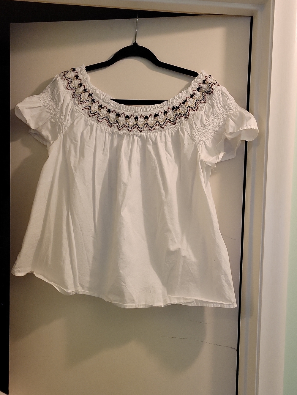 Old Navy White Off-Shoulder Blouse with Multicolor Embroidered Yoke
